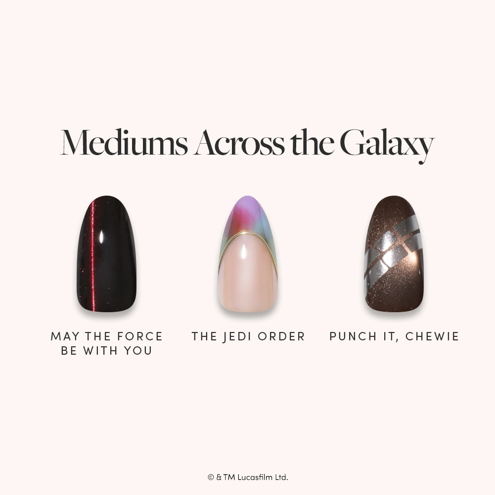 Discover STAR WARS-inspired press-on nails from glamnetic’s Mediums Across the Galaxy collection—featuring three cosmic designs: black with a striking red line, iridescent with silver tips, and brown accented by silver stripes. Enjoy salon-quality, medium-length nails that are truly out of this world.