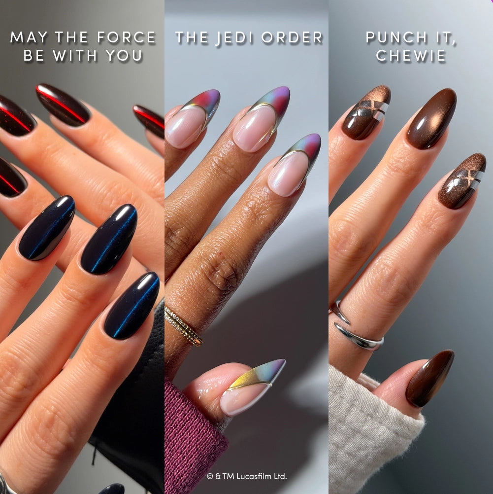 Three sets of glamnetic “Mediums Across the Galaxy” STAR WARS press-on nails: a dark and shiny set with red tips, a pastel set with metallic tips, and a brown set with silver accents. Each salon-quality set includes a Star Wars phrase displayed above it.