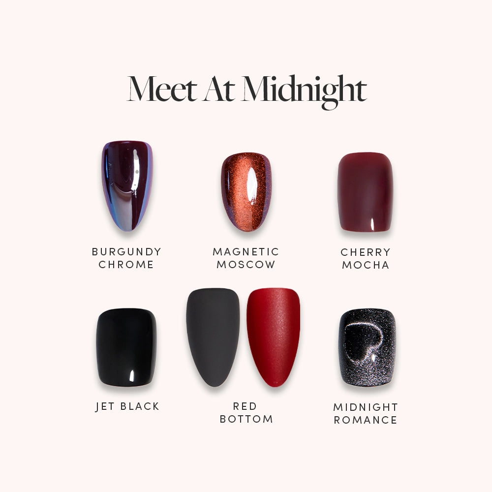 Six artificial nails in striking shades—Burgundy Chrome, Magnetic Moscow, Cherry Mocha, Jet Black, Red Bottom, and Midnight Romance—feature glamnetic’s Meet At Midnight almond nail set. Meet At Midnight appears above the samples.