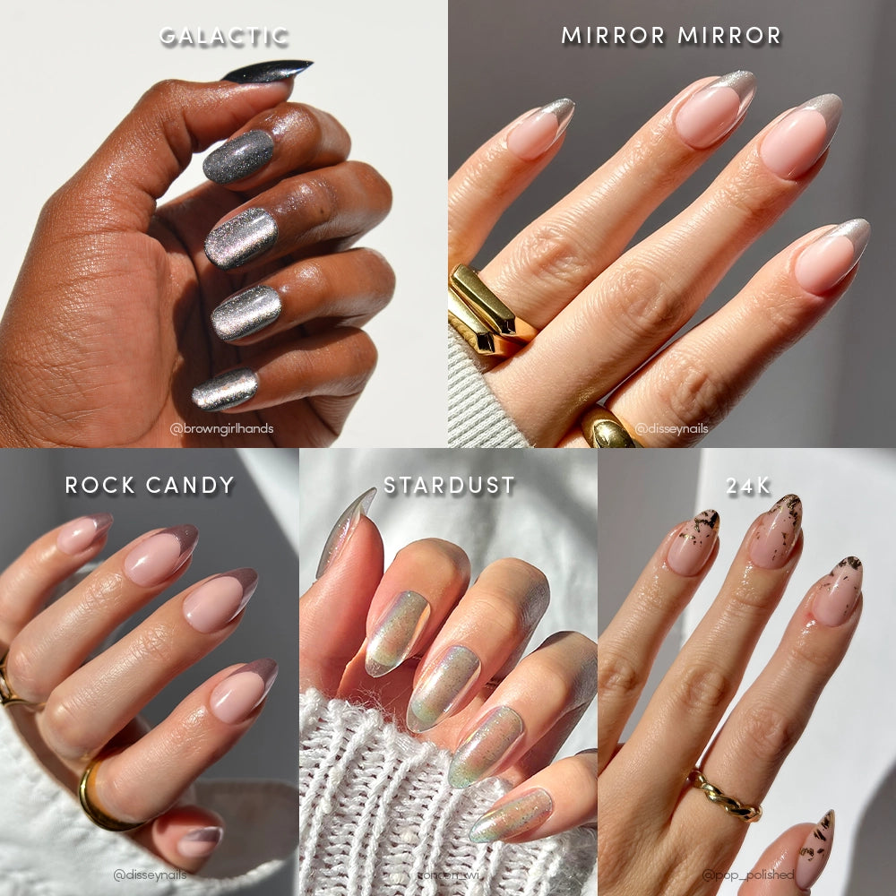 Collage of five hands showing glamnetic’s Metallic Moments Bundle—a metallic nail set with chrome nails in Galactic, Mirror Mirror, Rock Candy, Stardust holo nails, and 24K nude with gold accents.