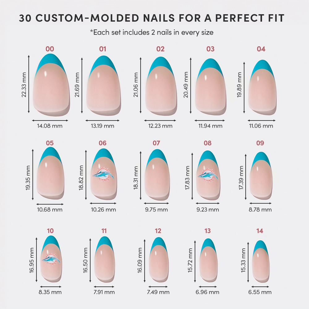 A glamnetic Miami Dolphins Press-On Nail Set chart showcases 15 custom-molded sizes (00–14) with length and width in millimeters. Each set includes 2 nails per size, totaling 30 nails. - Product image