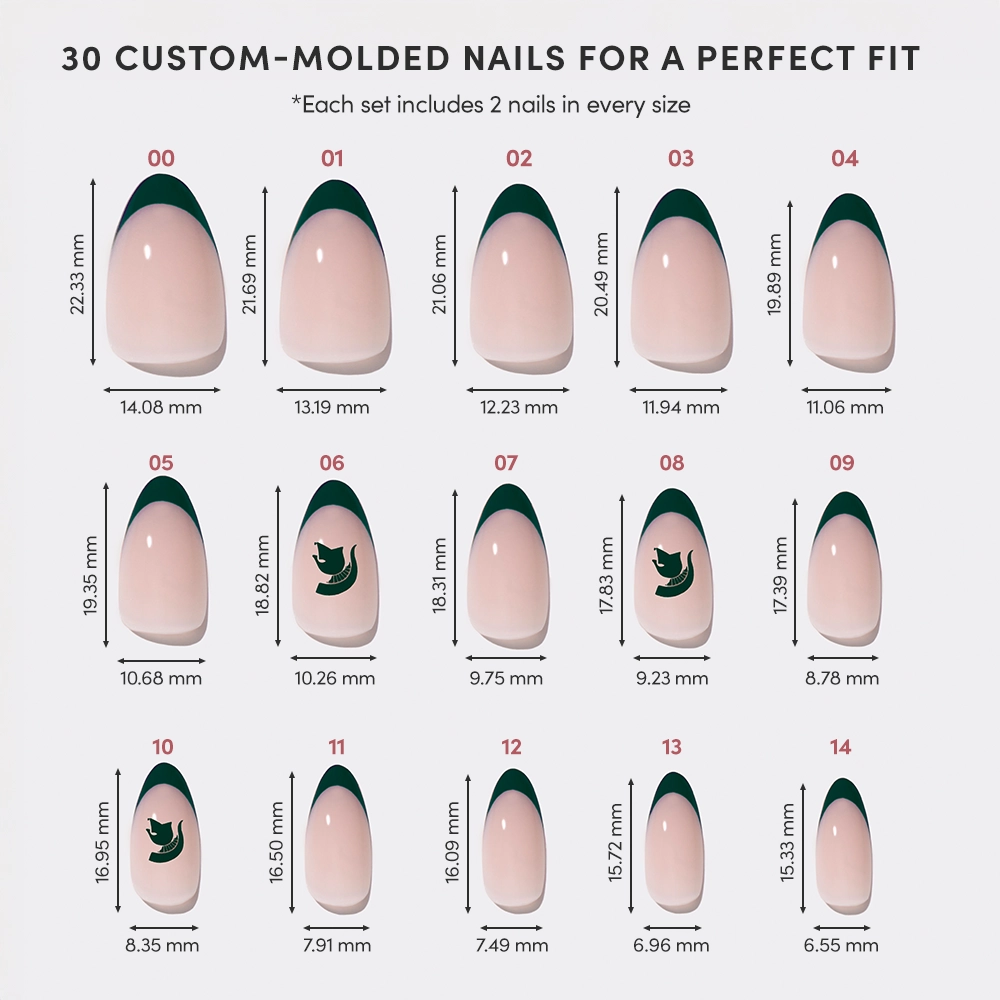 Chart showcasing 15 sizes of the glamnetic Michigan State Spartans Press-On Nail Set, each detailed with length and width in millimeters, dark green tips, a clear base, and numbered images for this unique nail set. - Product image