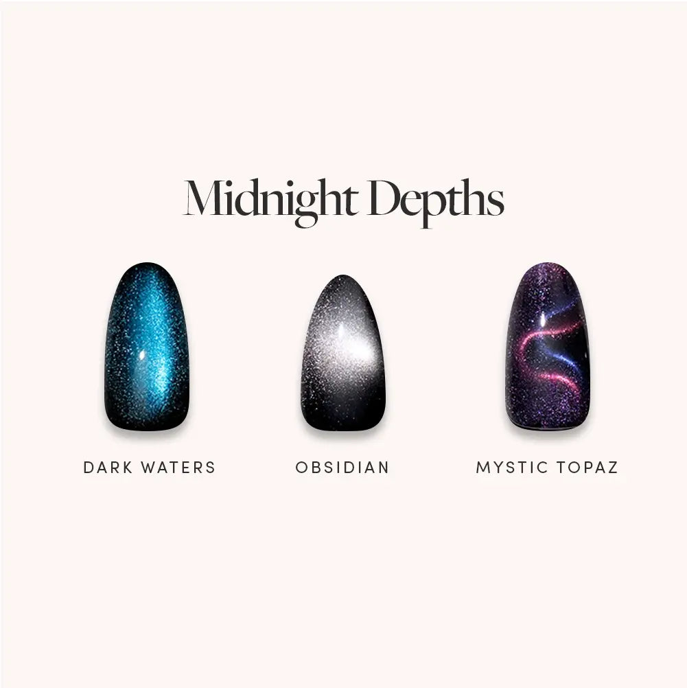 Midnight Depths by glamnetic: a set of three press-on nails featuring a blue shimmer with a soft velvet finish (Dark Waters), black with sparkles (Obsidian), and purple with pink swirls (Mystic Topaz). - Product image