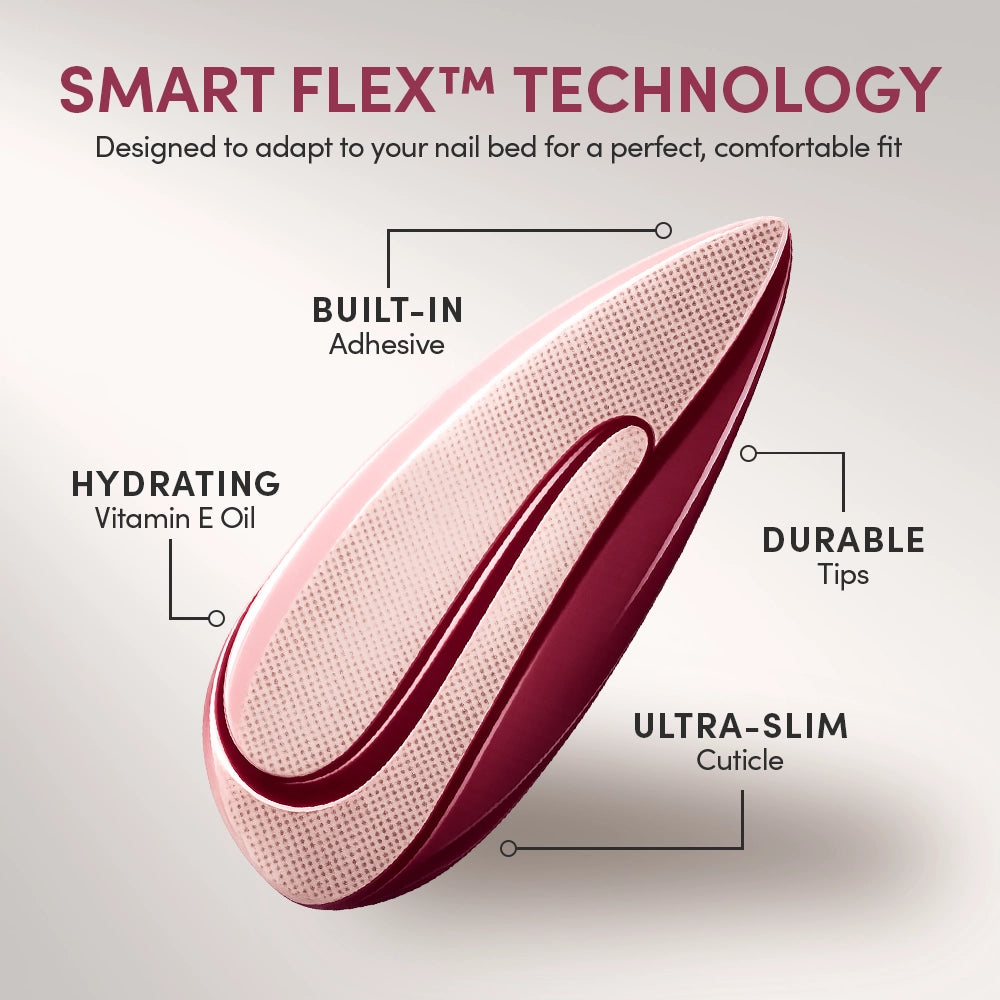 The Midnight Merlot by glamnetic showcases a detailed nail product diagram, featuring built-in adhesive for effortless press-on application, hydrating vitamin E oil, durable tips, and an ultra-slim cuticle design. The text highlights SMART FLEX™ TECHNOLOGY and a comfort fit for enhanced wearability. - Product image