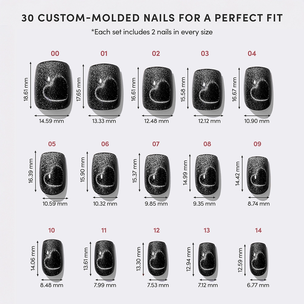A chart shows 15 sizes of glamnetics Midnight Romance custom-molded black short squoval press-ons with glitter, each labeled by number and millimeter measurements, highlighting the range for a perfect fit. - Product image