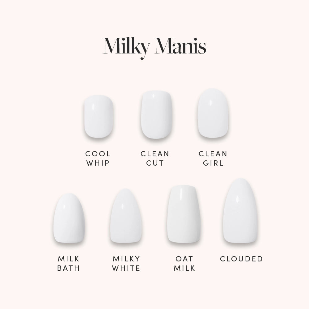 The Milky Manis Bundle by glamnetic features six semi-transparent, white press-on nails in chic shades like Cool Whip, Clean Girl, and Oat Milk—perfect for a glossy, stylish finish.
