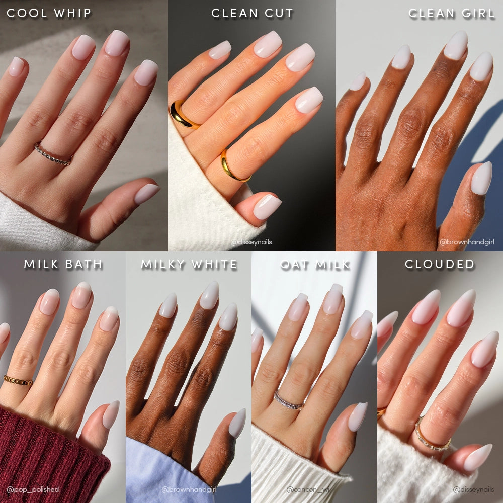 A collage of eight hands features short, almond-shaped nails in shades from the glamnetic Milky Manis Bundle, with names like Cool Whip, Clean Cut, and Clouded in neutral and white tones.
