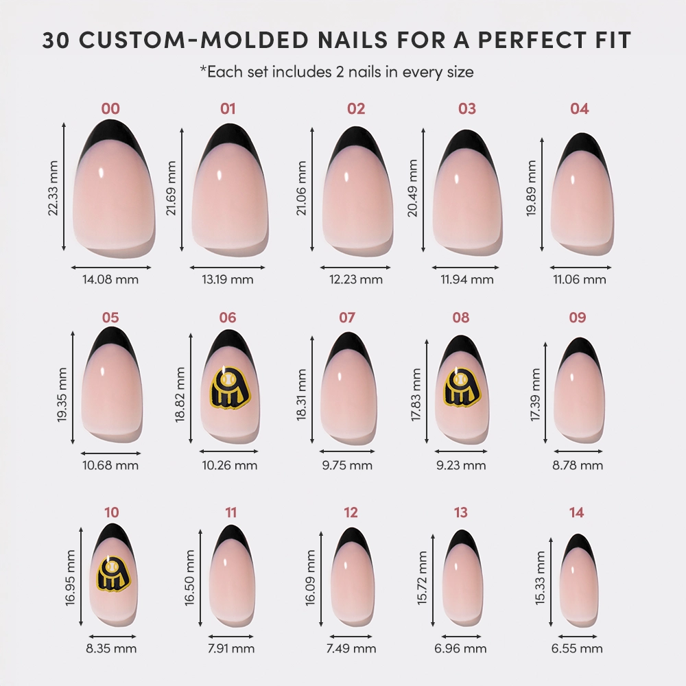 A chart displays 15 sizes of glamnetic’s Milwaukee Brewers Press-On Nail Set, showing custom-molded false nails with pink bases, black French tips, and gold bee accents. Each nail size is labeled in mm—ideal inspiration for Brewers or team-themed nail designs. - Product image