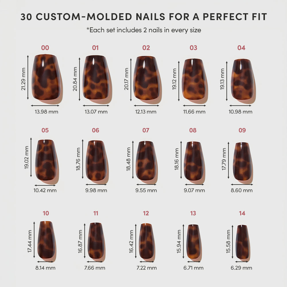 A chart shows 15 sizes of glamnetic Mine By Right tortoiseshell press-on medium coffin nails in millimeters. Each set includes 30 brown patterned press-ons, numbered with dimensions indicated above and below each nail. - Product image