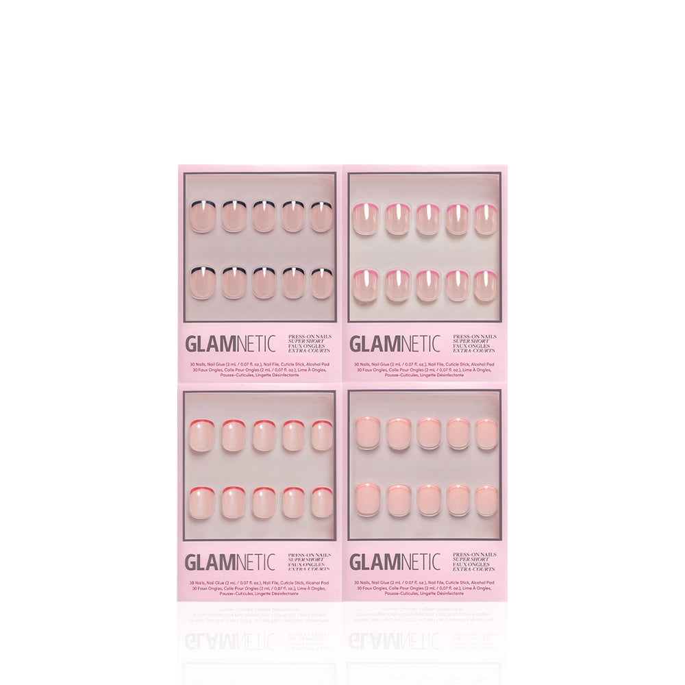 Four sets of Glamnetic Mini French Study Sesh short press-on nails, packaged in pink boxes, each showcasing a different nude and pink or white French manicure style—including chic micro French tips—are displayed on a white background. - Product image