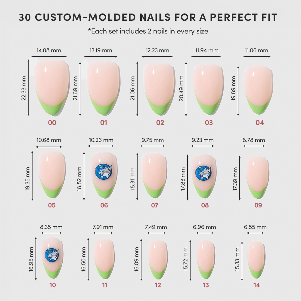 The glamnetic Minnesota Lynx Press-On Nail Set features 15 nail tip sizes, each with width and length in millimeters. Designs include green French tips or blue dolphins. Each set provides two nails per size. - Product image