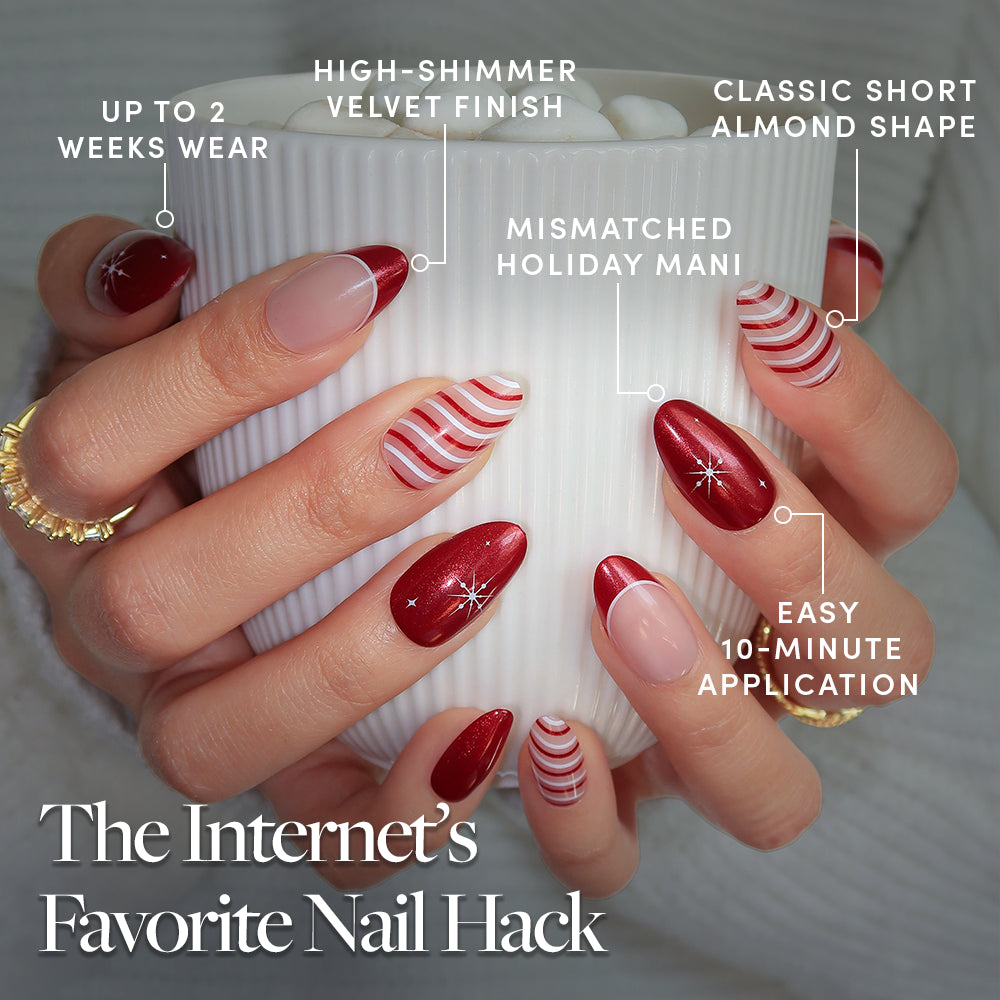 Hands holding a white mug showcase short almond nails in Mint to Be, featuring red, white, and shimmer finishes with candy cane stripes and star accents, alongside text labels highlighting product benefits and The Internets Favorite Nail Hack. - Product image