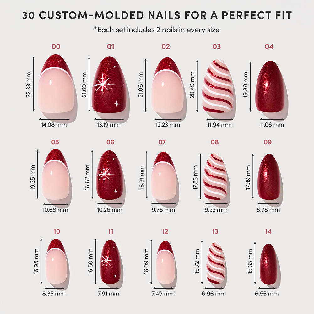 Glamnetic Mint to Be set of 30 custom-molded short almond press-on nails in various sizes, featuring red glitter, red-and-white peppermint stripes, and red French tips, labeled with height and width measurements in millimeters. - Product image