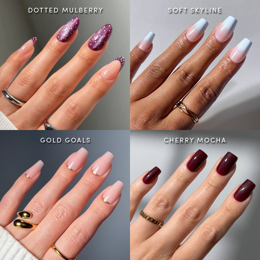 Four hands showcase distinct “Mixed Mediums” press-on nail designs from glamnetic: sparkling purple glitter with dots, pastel blue to white ombré, chic nude accented with gold, and elegant deep burgundy. Each hand is styled with statement rings and a unique manicure—perfect examples of glamnetic’s salon-quality nail sets that deliver stunning results at home, no appointment necessary. - Product image