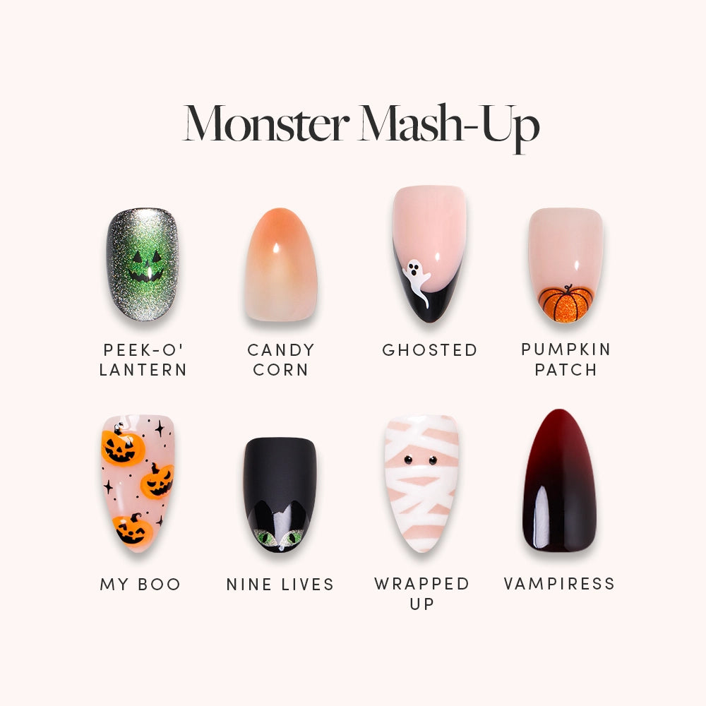 Introducing glamnetic’s Monster Mash-Up: a limited-edition set featuring eight Halloween nail art designs—pumpkins, ghosts, candy corn, black cats, mummies, and ombre red-black—each with playful names like Peek-O Lantern and Vampiress. This festive bundle is perfect for adding spooky flair or completing your costume. - Product image