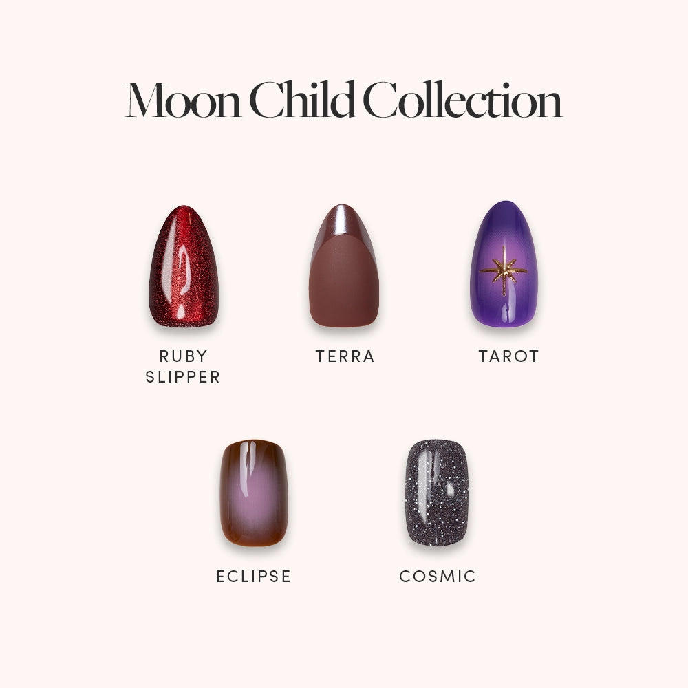 The Moon Child Collection by glamnetic features five vegan, cruelty-free nail polish shades in trendy short almond shapes for a stylish manicure.