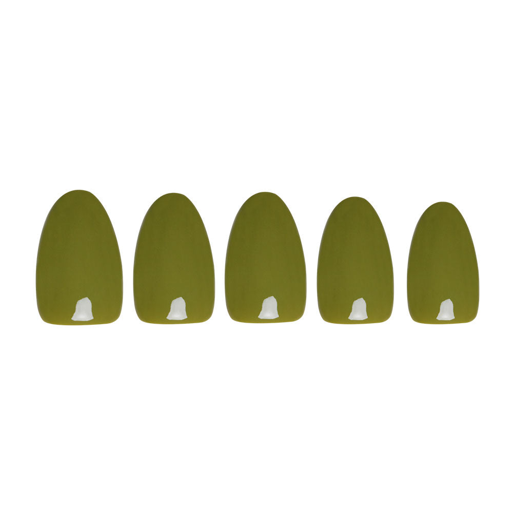 Five artificial nails from glamnetics Moss Green set, painted in rich olive green with a small white detail near the tip, are arranged in a row against a white background—perfect for a stylish fall look. - Product image