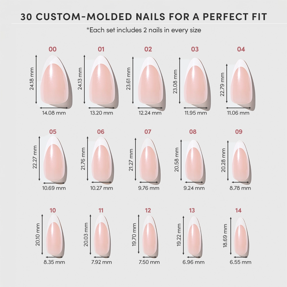 A chart displays 15 custom-molded Mother Pearl Press-On Nail sizes by glamnetic, each labeled with number, length, and width in mm. Set features a glossy glazed finish and includes two nails per size—30 nails total. - Product image