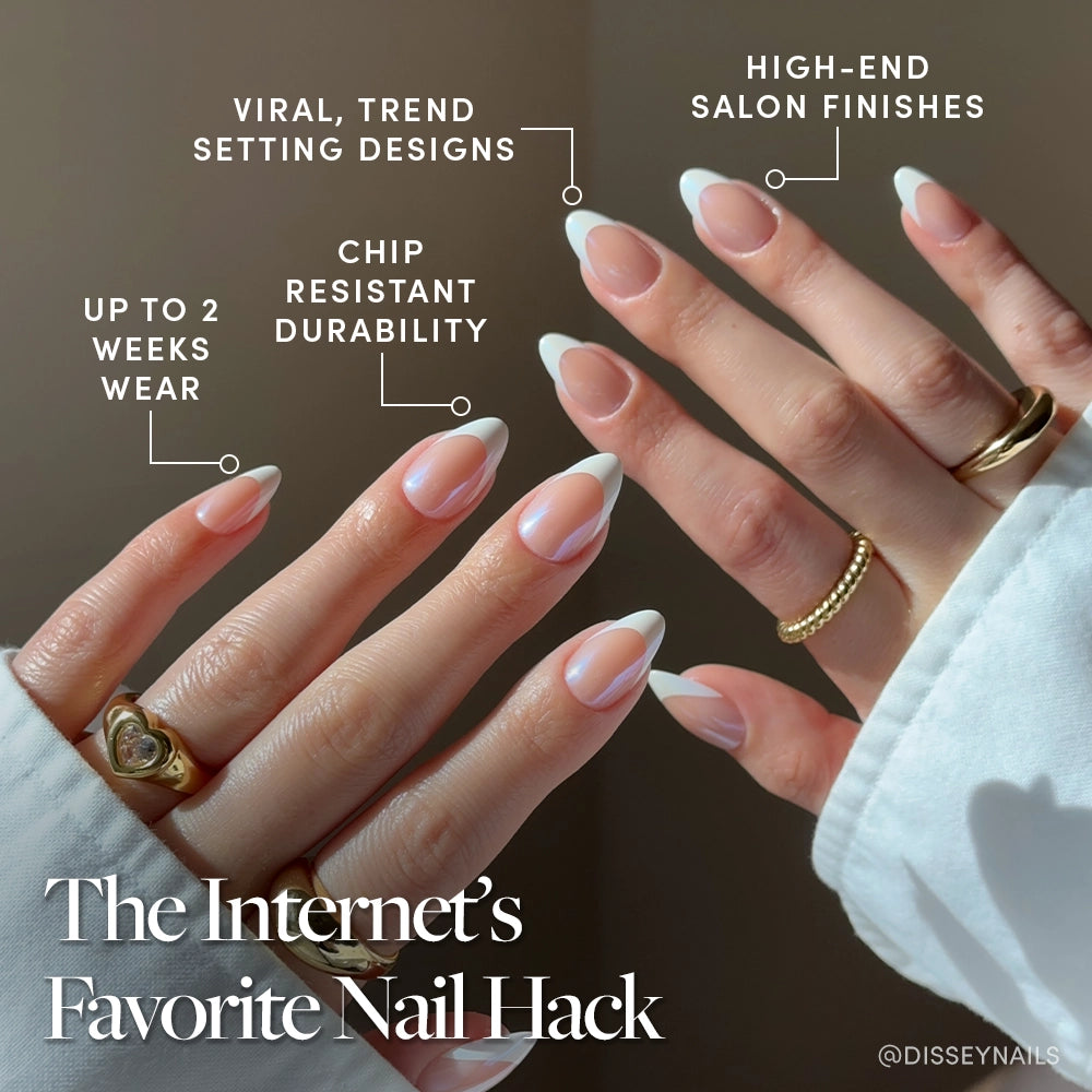 Two hands with short almond French tip nails in "Mrs." by glamnetic are shown. Text highlights viral designs, chip-resistant durability, high-end finishes, and up to 2 weeks wear. The image reads: The Internet’s Favorite Nail Hack. - Product image