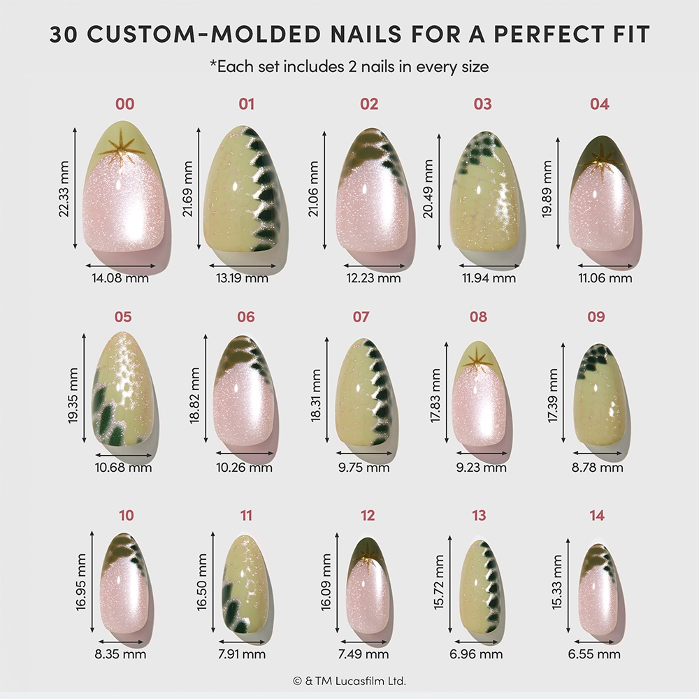 Much To Learn, You Still Have - A set of 15 custom-molded, short almond press-on nails from glamnetic’s “Much To Learn, You Still Have” collection, featuring varying sizes with a pale pink and green pine tree design reminiscent of Yoda; each nail is displayed vertically with its length and width in millimeters labeled below.