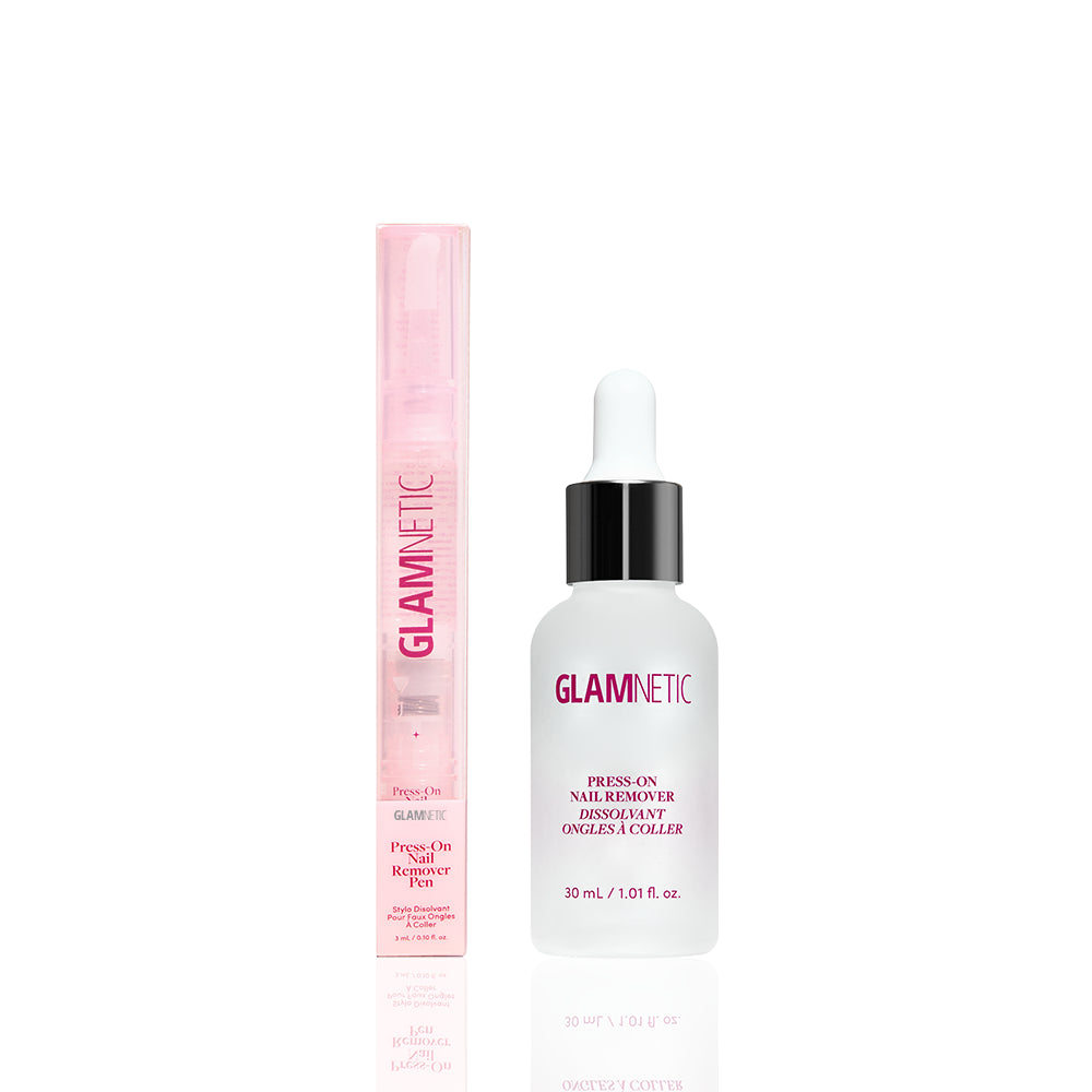 A Glamnetic Multi-Size Press-On Nail Remover Set featuring a nail remover pen and a dropper bottle of acetone-free nail remover.