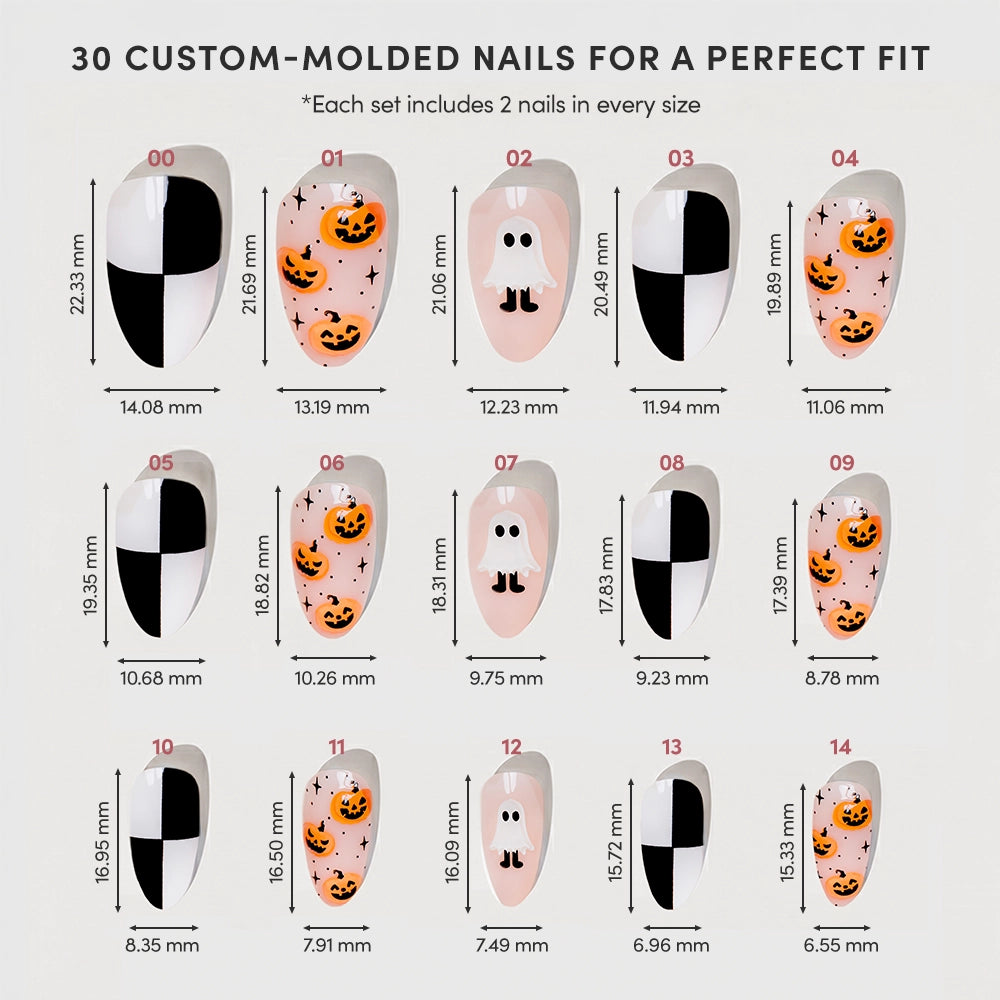 30 artificial nails in varying sizes from glamnetic’s My Boo collection are displayed with Halloween-themed designs like pumpkins, ghosts, and striking black-and-white patterns. Each short almond press-on nail is arranged in rows with size measurements shown, making these the perfect choice for creating customized Halloween nails in minutes. - Product image