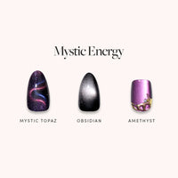 The glamnetic Mystic Energy set features three jewel-toned press-on nails: Mystic Topaz with swirling colors, glossy black Obsidian, and Amethyst in metallic purple with a gold accent. Text reads "Mystic Energy.