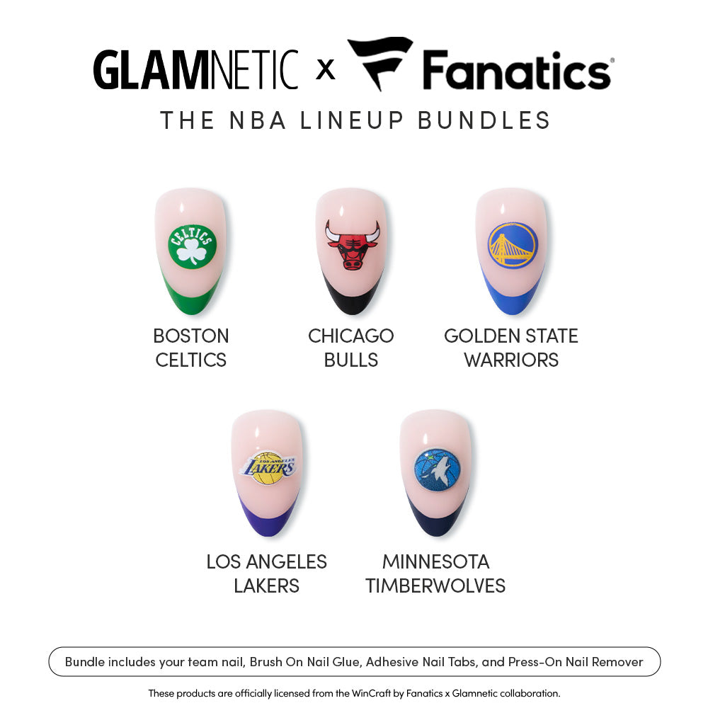 Five artificial nails from glamnetic’s The NBA Lineup Bundles display the logos of NBA teams—the Celtics, Bulls, Warriors, Lakers, and Timberwolves—arranged on a white background. “glamnetic x Fanatics” is written at the top, with bundle information noted below. - Product image