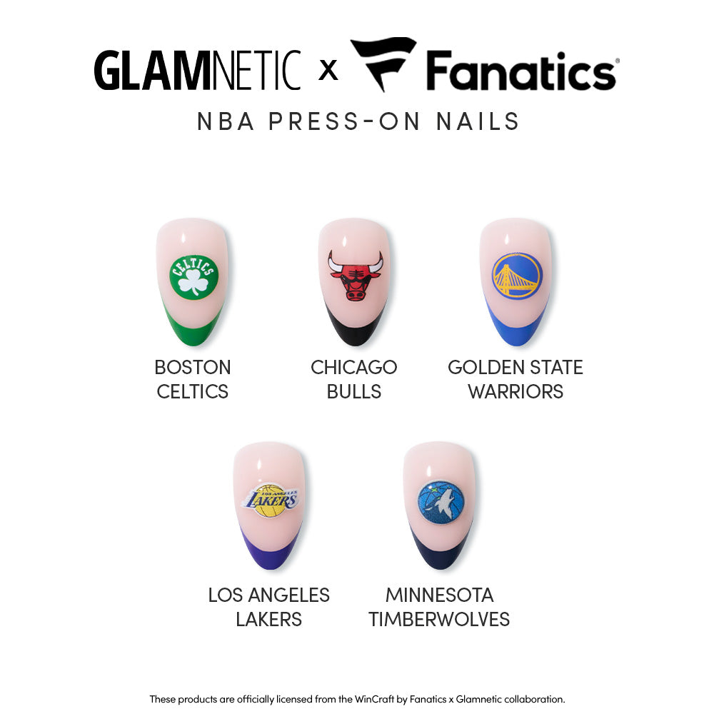 Five press-on nails featuring NBA team logos—Boston Celtics, Chicago Bulls, Golden State Warriors, Los Angeles Lakers, and Minnesota Timberwolves—are displayed with “glamnetic NBA Press-On Nails” written above them.