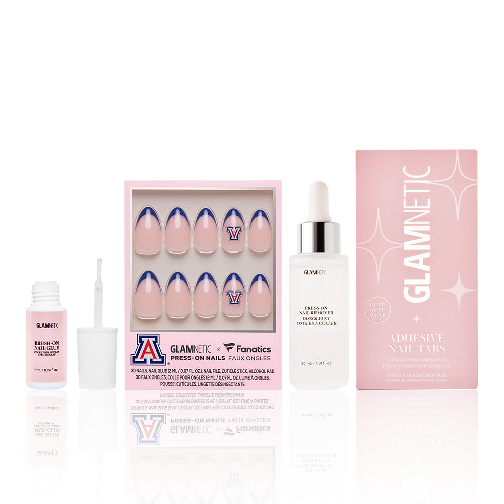 Introducing The Collegiate Gameplan Bundles by glamnetic—a press-on nails set that includes pink and blue nails, nail glue, adhesive tabs, and nail cuticle oil, all packaged in a box featuring University of Arizona branding. - Product image