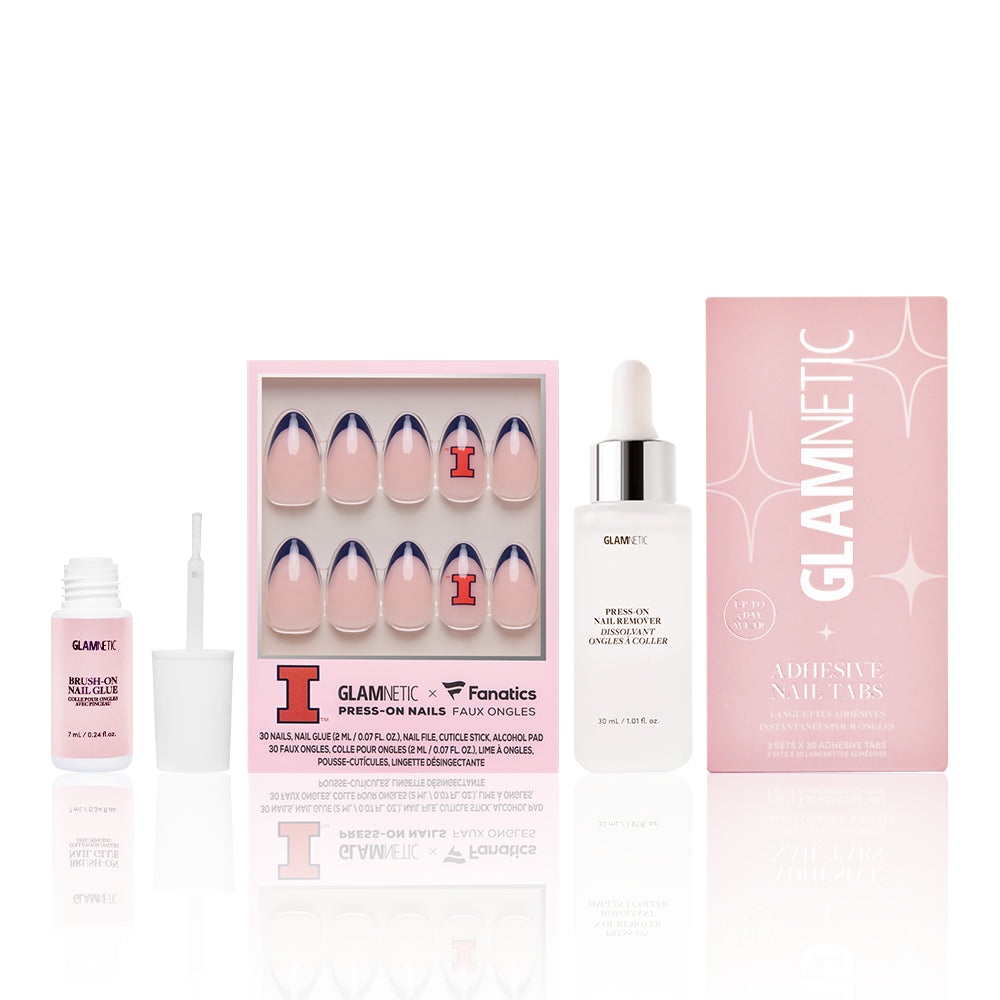 Show off your game day spirit with glamnetic’s The Illinois Fighting Illini Gameplan set, featuring blue French tip press-on nails, nail glue, cuticle oil, and adhesive nail tabs—everything you need for bold, easy team-inspired nails.