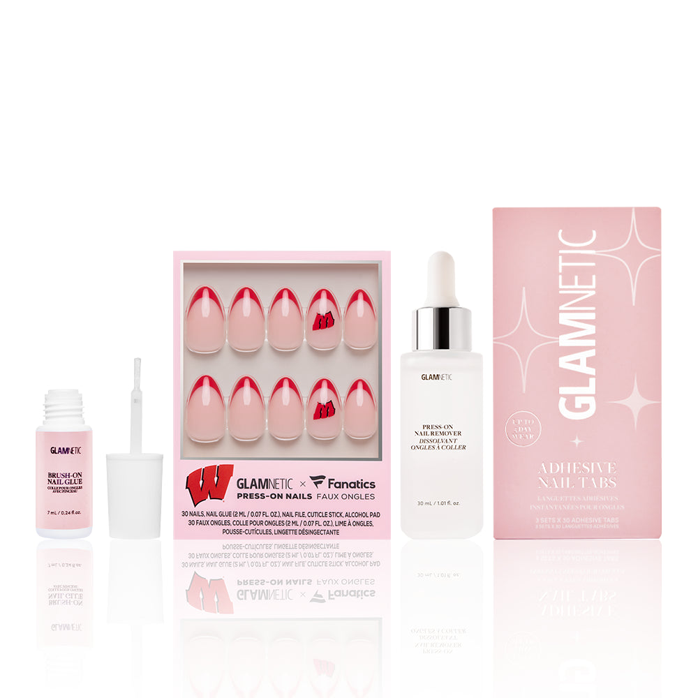 The Wisconsin Badgers Gameplan by glamnetic: red French tip nails with pink and red design, adhesive tabs, nail glue, and nail lacquer—perfect for game day—all displayed on a white background with pink packaging.