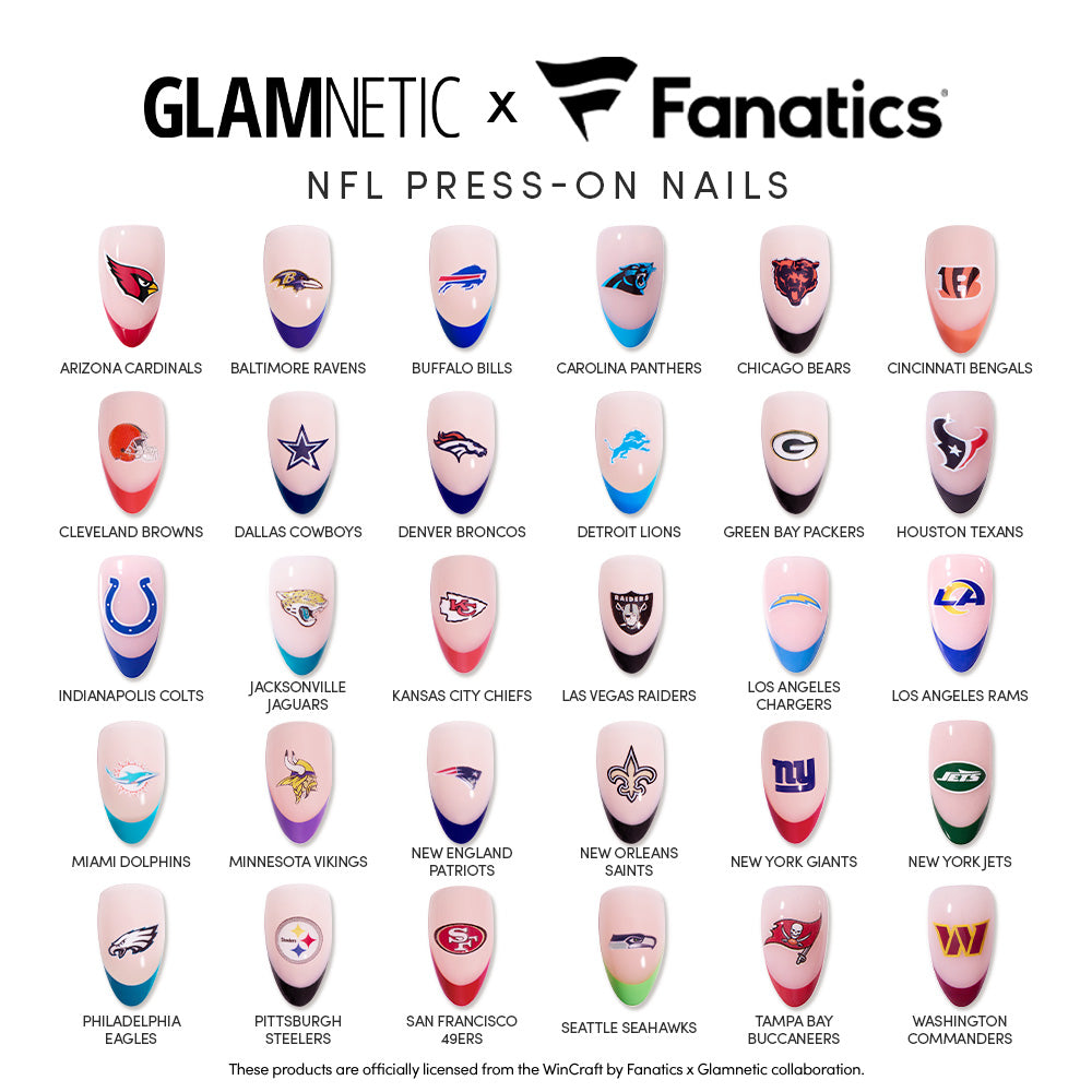 A set of 32 NFL Press-On Nails from glamnetic, each representing a different team’s colors and logo, is arranged in rows on a white background with “glamnetic NFL Press-On Nails” displayed at the top.