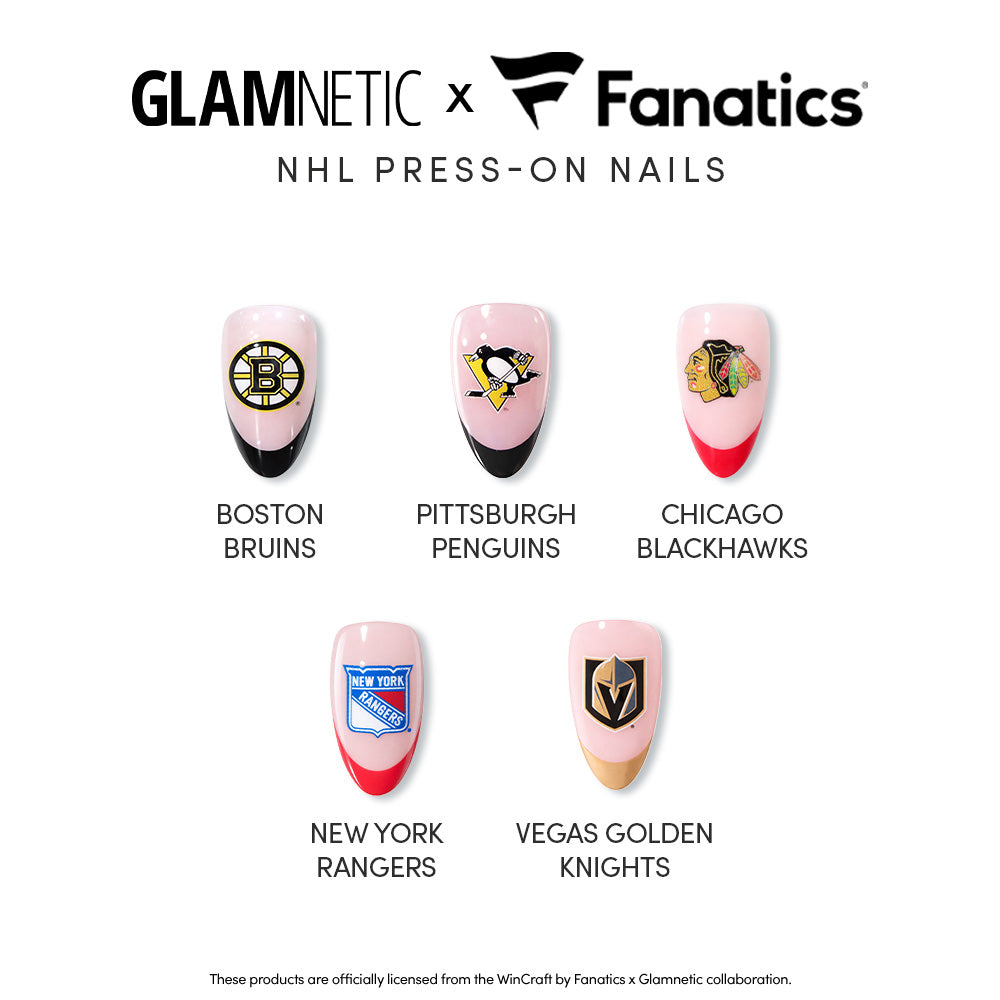 Five NHL Press-On Nails from glamnetic, featuring team logos for the Boston Bruins, Pittsburgh Penguins, Chicago Blackhawks, New York Rangers, and Vegas Golden Knights. Glamnetic x Fanatics branding is displayed above the nails.