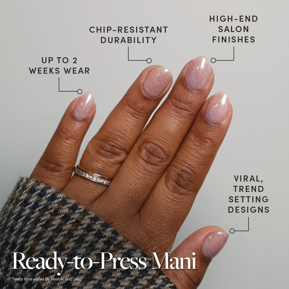 A hand with sparkly, light pink "Nude Glazed" press-on nails by glamnetic is shown. Text highlights up to 2 weeks’ wear, chip-resistant durability, high-end salon finish, and viral trend-setting stick-on style. Ready-to-Press Mani appears below. - Product image