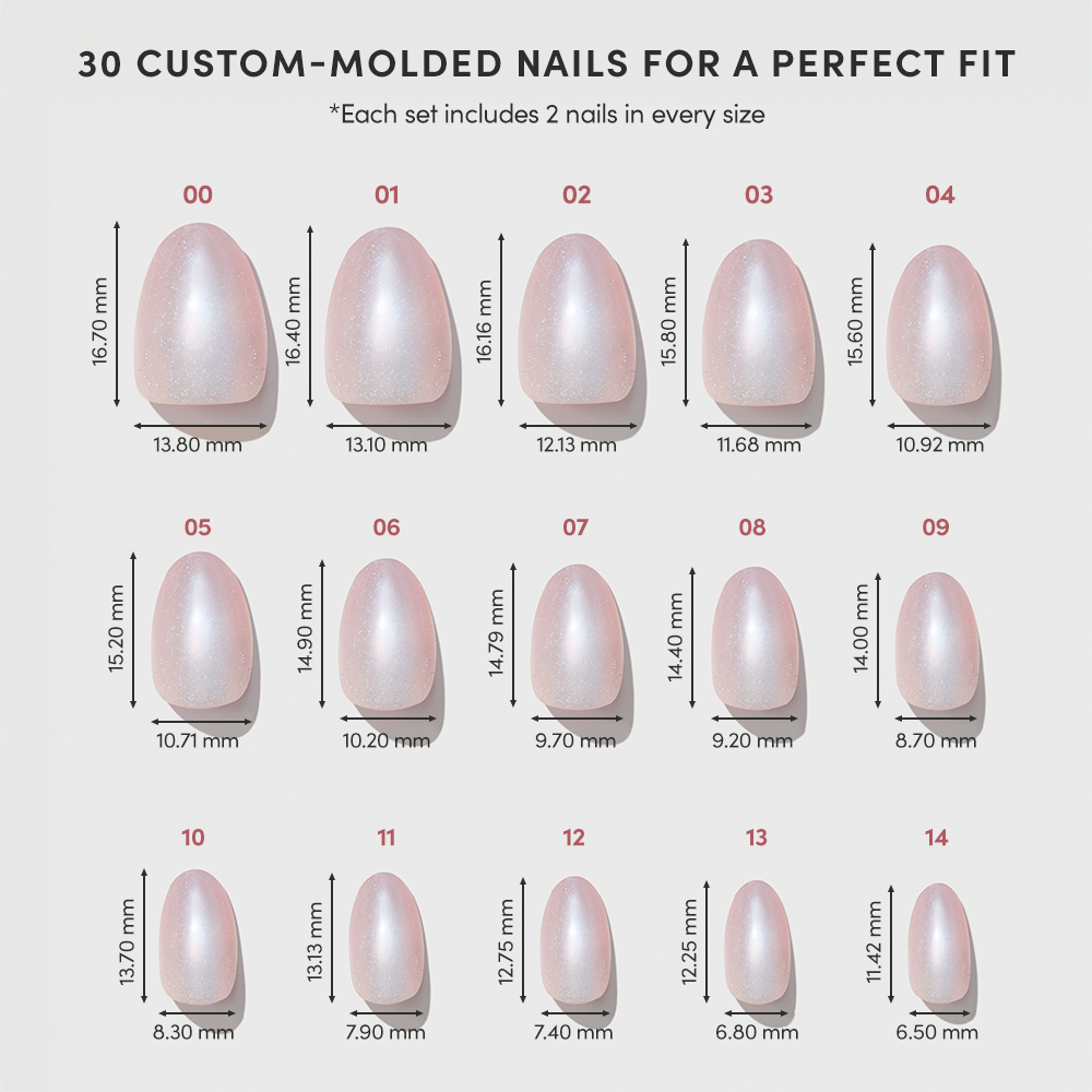 A chart of 30 glamnetic Nude Glazed custom-molded press-on nails, labeled 00 to 14, shows width and length in millimeters for each size. Text above reads: 30 custom-molded nails for a perfect fit. - Product image