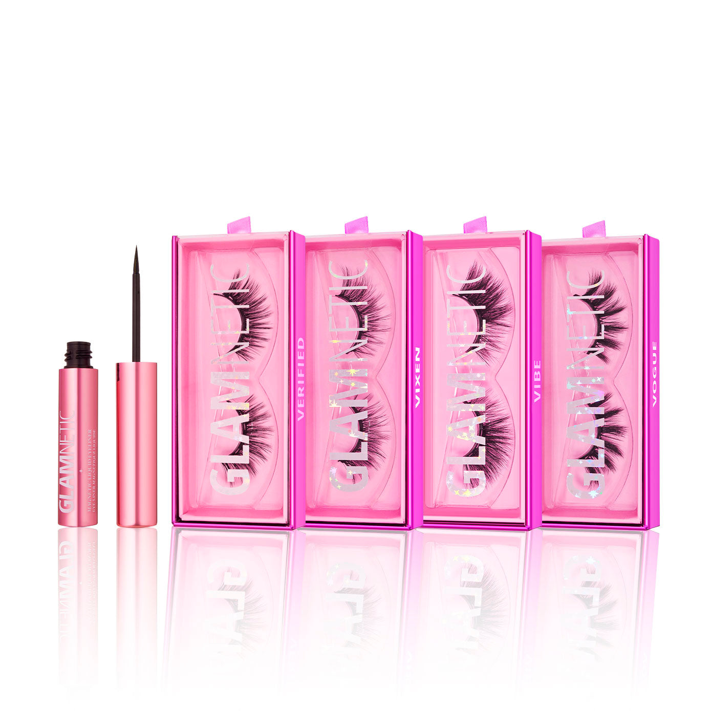 A pink Holiday Hottie liquid eyeliner by glamnetic is opened beside four upright pink boxes of glamnetic voluminous vegan lashes, each with a unique name, all displayed on a white background. - Product image