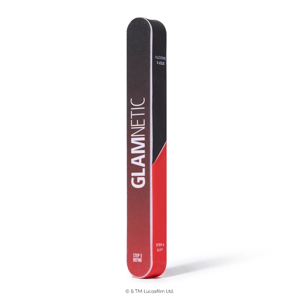 STAR WARS™ | Glamnetic 7-in-1 Nail Buffer - The STAR WARS™ | Glamnetic 7-in-1 Nail Buffer by glamnetic stands upright, displaying its dual-colored design labeled with STEP 3 REFINE and STEP 4 BUFF—an essential press-on manicure tool for achieving smooth, flawless nails.