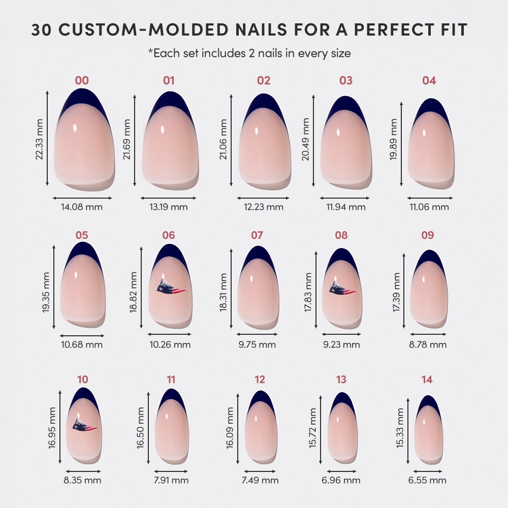 The New England Patriots Press-On Nail Set by glamnetic includes 15 custom-molded nails in a natural base with dark blue French tips, each sized with length and width measurements in millimeters—perfect for your own Patriots manicure. - Product image