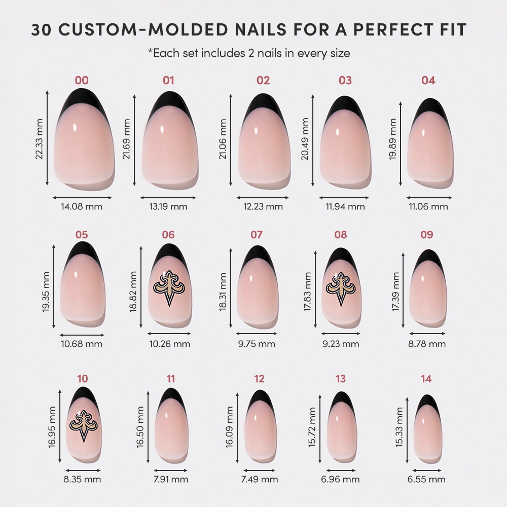 The glamnetic New Orleans Saints Press-On Nail Set features 15 custom-molded nails (labeled 01–15) with varied widths, lengths, and designs—ranging from plain black tips to ornate patterns on nude bases. Measurements are shown in the chart. - Product image
