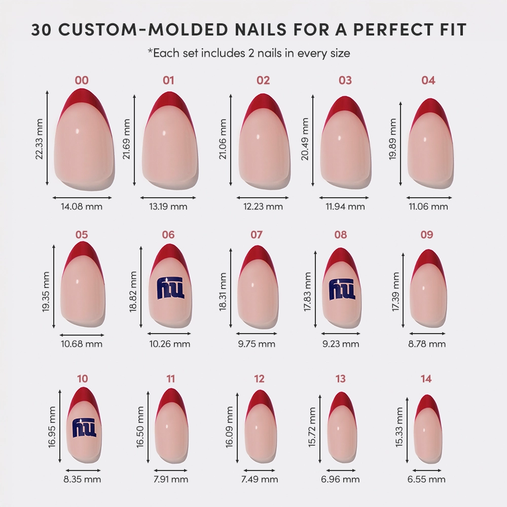 The glamnetic New York Giants Press-On Nail Set features 15 custom-molded acrylic nails in various sizes, each with a red French tip or official team logo—ideal for NFL fans seeking bold, game-ready nail art. - Product image