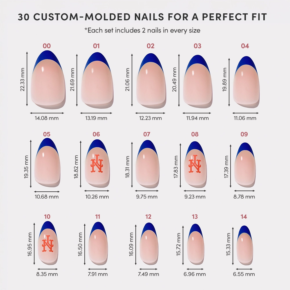 A chart displays 15 sizes of glamnetic’s New York Mets Press-On Nail Set, with length and width in millimeters. Each nail features a blue tip or Mets logo. Each size includes two New York Mets press-on nails. - Product image