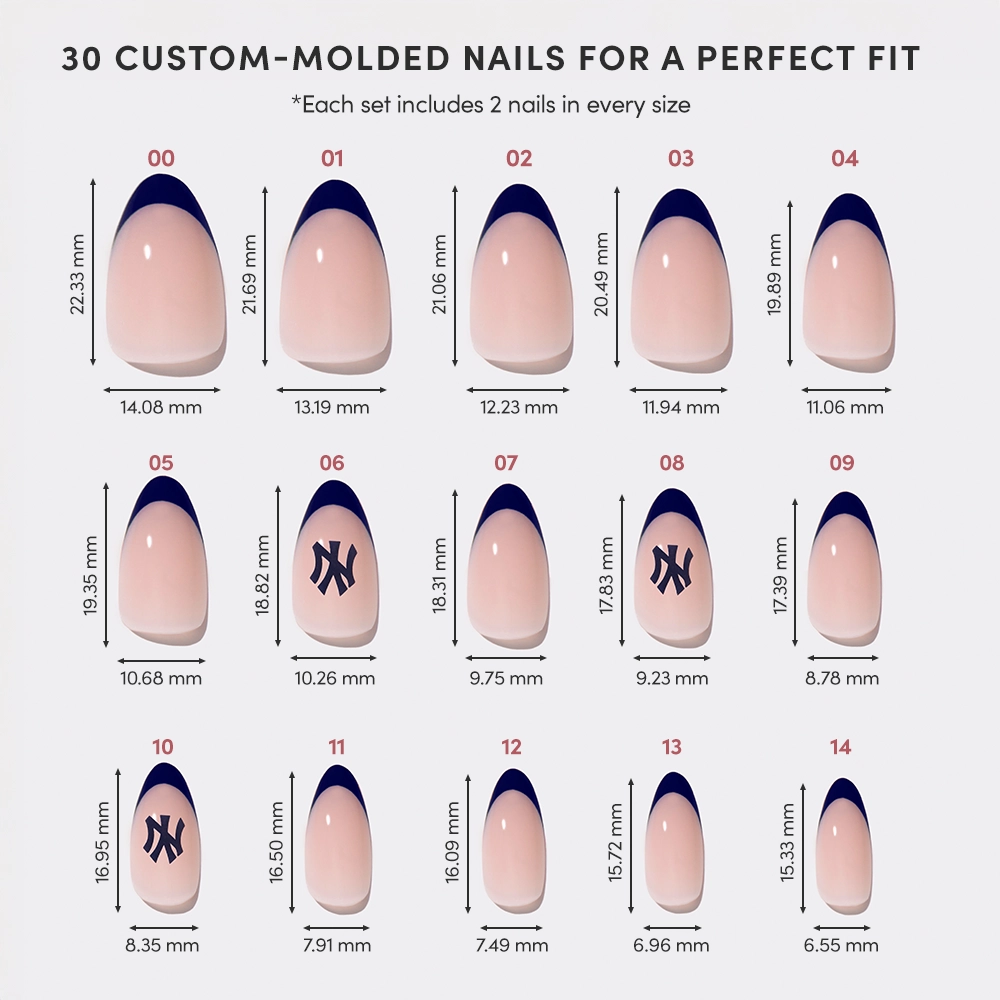 Image showing 15 sizes of glamnetic New York Yankees Press-On Nails in French manicure style, each labeled with length and width in mm. Top text: 30 Custom-Molded Salon-Quality Fandom Nails for a Perfect Fit. - Product image