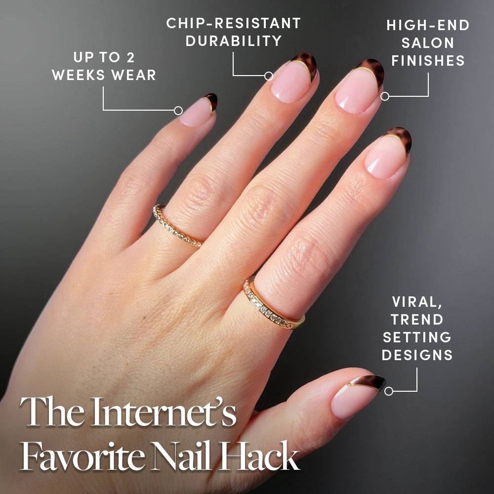 A hand shows off glamnetic’s No Apologies press-ons: manicured short round nails with dark brown tortoiseshell French tips. Enjoy up to 2 weeks wear, chip-resistant durability, high-end salon finish, and viral nail designs. - Product image