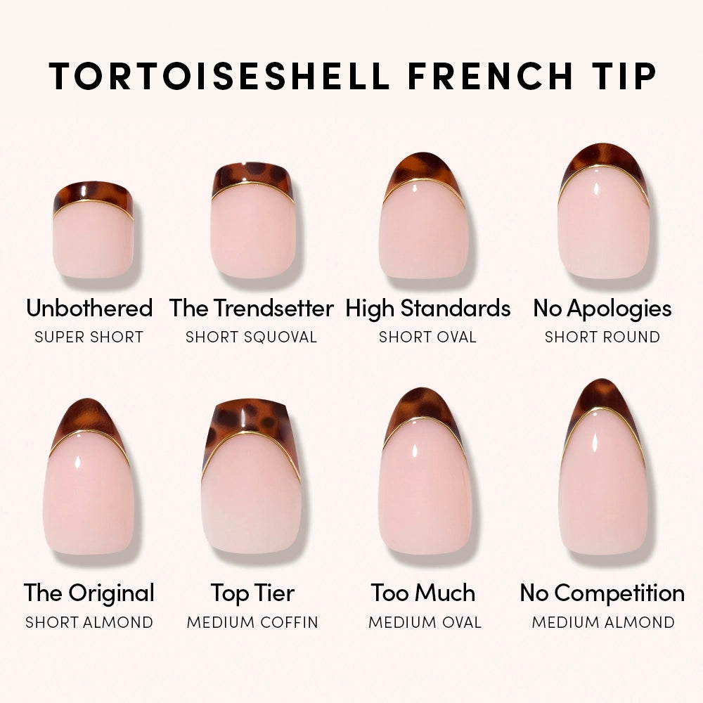 The glamnetic No Apologies chart displays eight uniquely labeled tortoiseshell French tip nail shapes, like short round and medium almond—perfect inspiration for choosing your next set of press-on nails!. - Product image