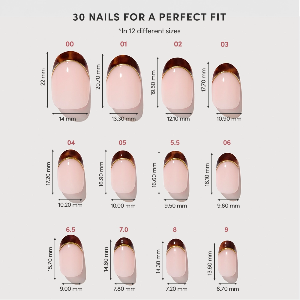 A chart of 12 press-on nail sizes, each labeled with length and width, in four rows. The No Apologies by glamnetic short round nails are pink with tortoiseshell French tips. “30 Nails for a Perfect Fit” appears at the top. - Product image