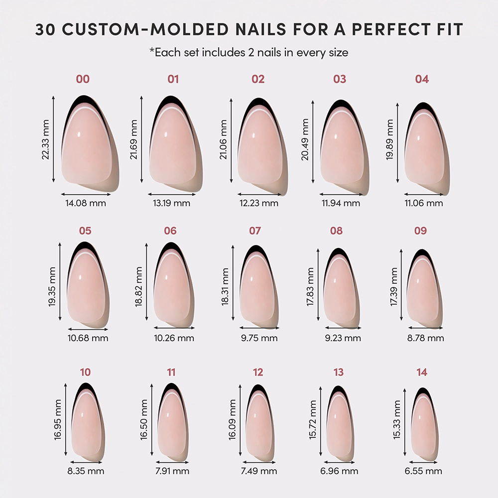 Nail sizing chart showing 15 pairs of press-on nails in graduated sizes, each in a nude tone with black french tip designs.

 - Product image