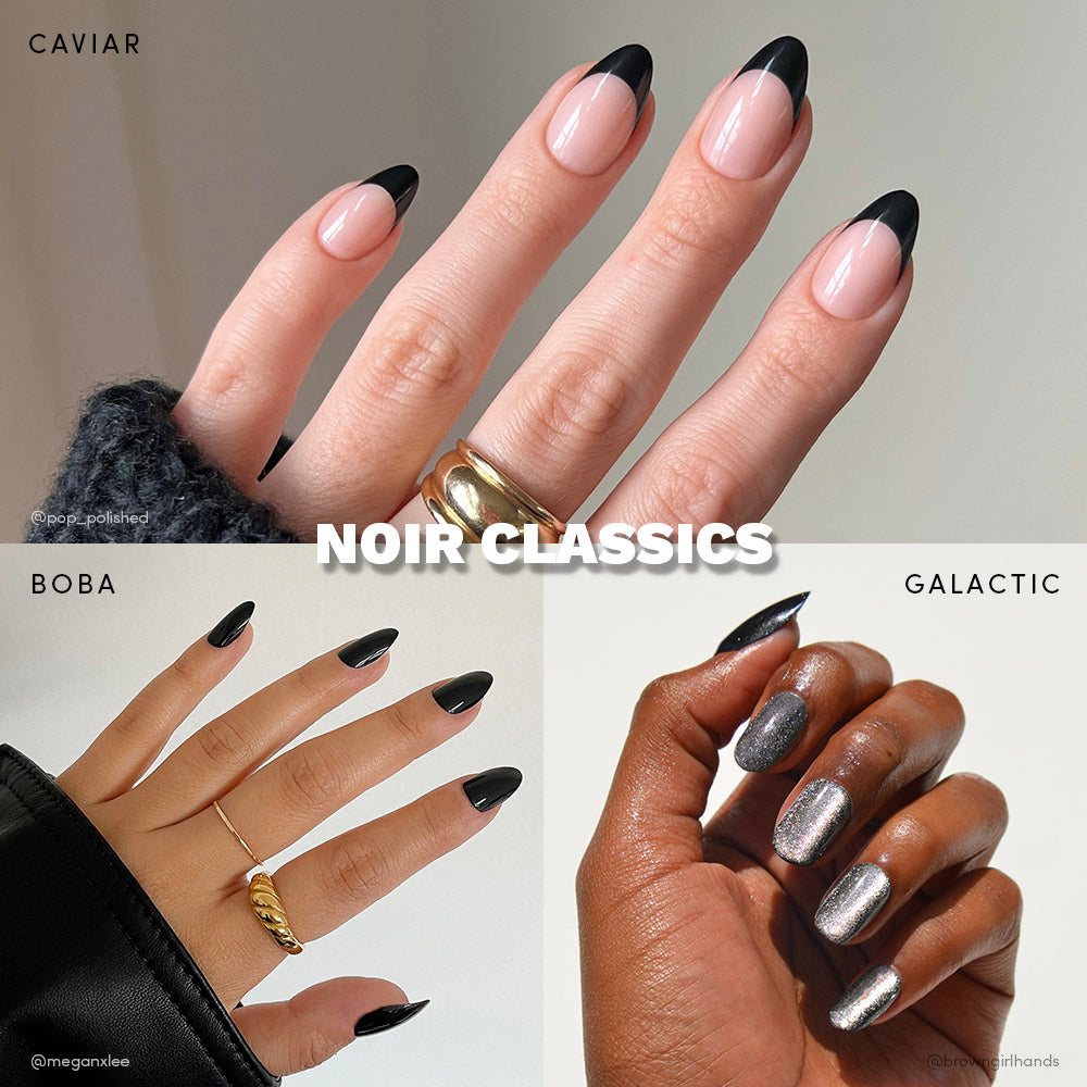 A collage displays glamnetic’s Noir Classics: nude nails with black French tips (top), matte black nails (bottom left), and short, shimmery silver nails (bottom right). “NOIR CLASSICS” overlays the center, highlighting the sleek Caviar Boba style.