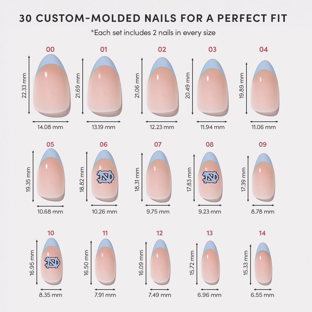 Chart showing 15 salon-quality glamnetic North Carolina Tar Heels Press-On Nails, each numbered with width and length in mm—perfectly sized options for a custom fit thats ideal for Carolina-blue French tips. - Product image