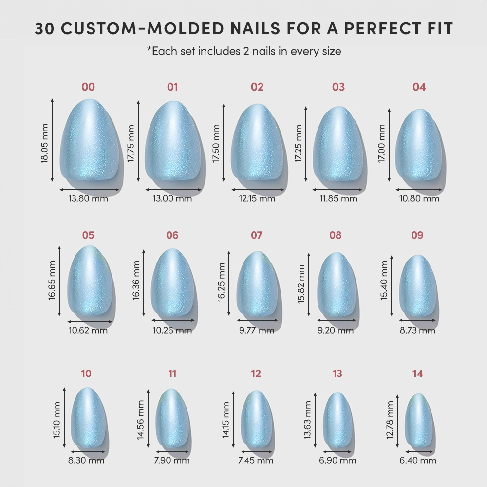 A chart displays 15 sizes of glamnetic Ocean Prism blue custom-molded press-on nails, labeled 00–14, with width and length in millimeters. Each set includes two nails per size for easy application. - Product image